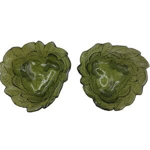 Vintage Indiana Green 2 Glass Candy Bowl 7" Leaves & Berries Design Triangular